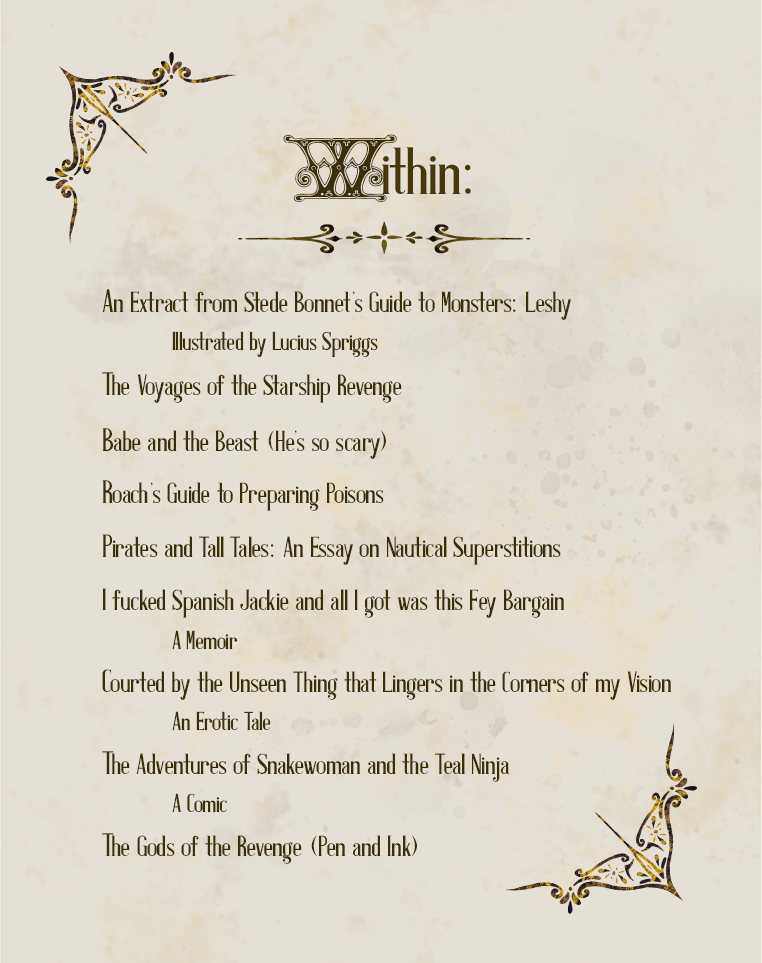A page of old paper with decorative, gold corners with the table of contents on it.